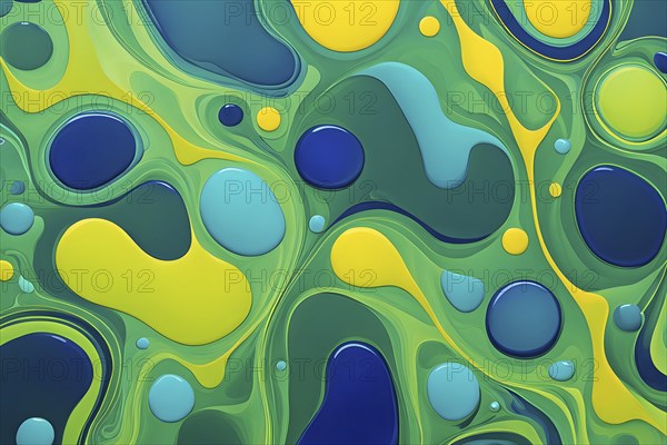 Abstract wallpaper with colorful blobs and liquid shapes on a green background, AI generated