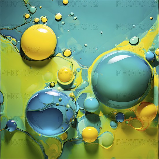 Abstract wallpaper with colorful blobs and liquid shapes on a green background, AI generated