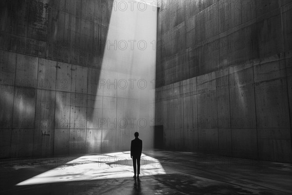 Silhouette of a man standing in a dreary hall, sunlight shining down through a gap, symbolising hope, depression, life crisis, grief, redemption, faith, psychology, AI generated, AI generated, AI generated