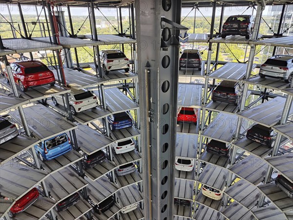 New cars for delivery in the Autoturm, interior view from top to bottom, Autostadt, Volkswagen AG, Wolfsburg, Lower Saxony, Germany, Europe