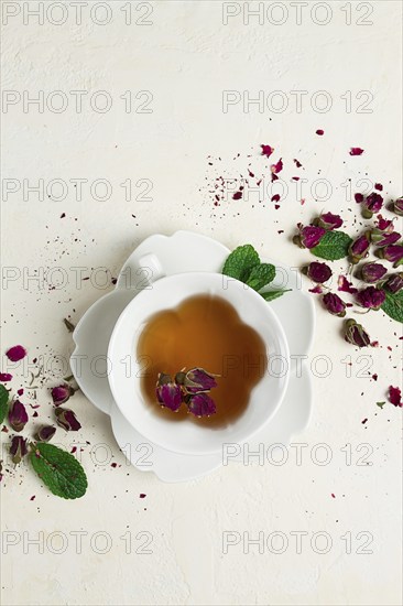 Cup of tea, damask rose, pink tea, close-up