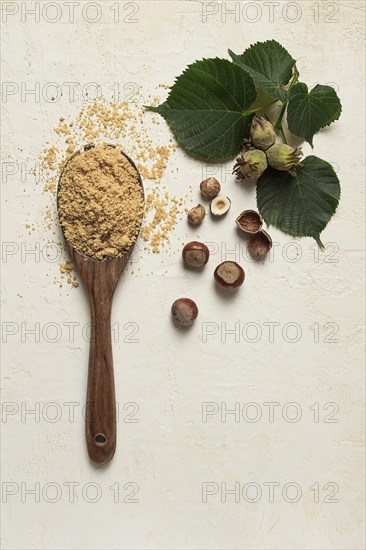 Wooden spoon with hazelnut flour, top view, no people, on a white table