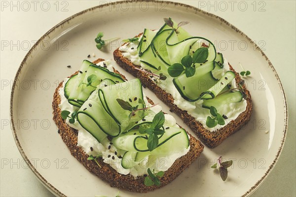 Breakfast, cereal bread sandwiches, cream cheese, sliced cucumber, with micro greenery on a light table, close-up, top view, selective focus, no people