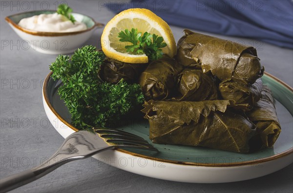 Dolma, cabbage rolls, grape leaves with filling, white sauce, lemon and herbs, rustic, selective focus, no people