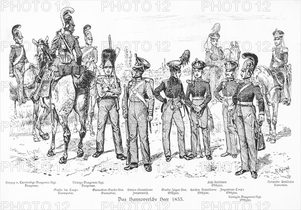 Historical illustration of uniforms around 1833, Hanoverian army, soldiers and officers with weapons and horses, Duke of Cambridge Dragoon Regiment, Garde du Corps Trumpeter, Grenadier Guard Battalion, Royal Dragoons, Line and Light Battalions, Infantryman, Foot Artillery, Engineer Corps, Huntsmen, Queen Dragoons, Riding Artillerymen, from 'Zur Erinnerung an die Königlich Hannoversche Armee und ihre Stammtruppen', commemorative sheet for the celebration of 19 December 1903. December 1903, Meisenbach, Riffarth & Co, Germany, Europe