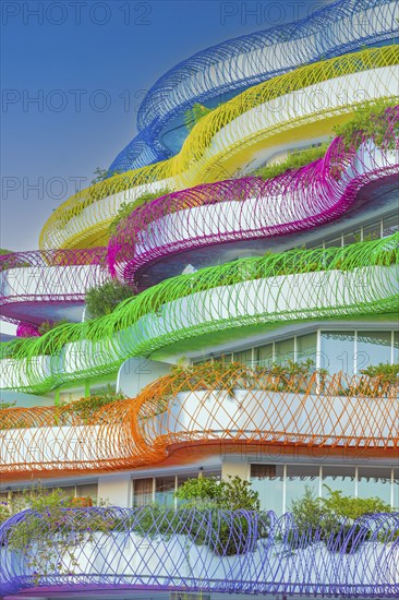 Modern apartment building with colourful balcony decorations, Eivissa, Ibiza Town, Ibiza, Balearic Islands, Mediterranean, Spain, Europe