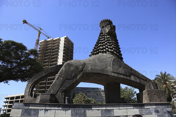 Addis Ababa, street scene in the city centre, statue of a lion in front of the National Theatre, Ethiopia, Africa