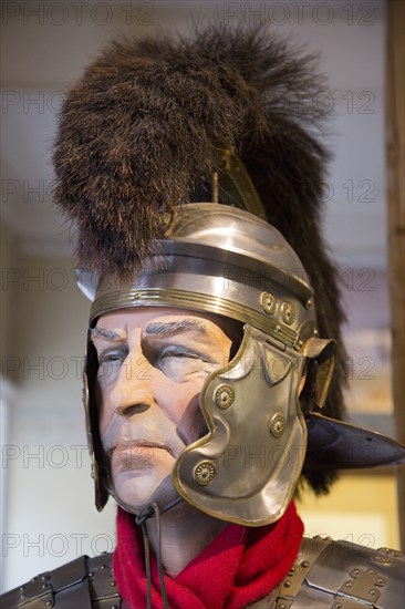 Roman soldier mannequin model wearing. helmet. With permission of Wiltshire Museum, Devizes, England, UK