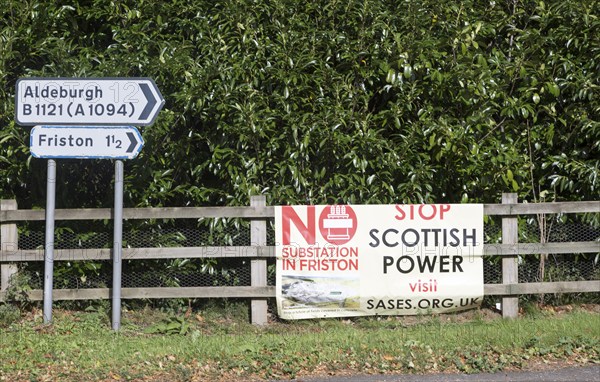 Roadside protest banner against Scottish Power plant for electricity substation at Friston, Suffolk, England, UK