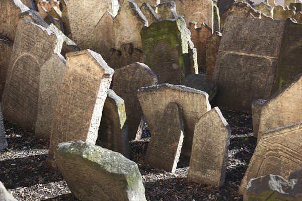 The Old Jewish Cemetery in the Josefov district is one of the most historically significant Jewish cemeteries in Europe. It contains over 12, 000 gravestones and presumably the remains of 100, 000 people, Prague, Czech Republic, Europe