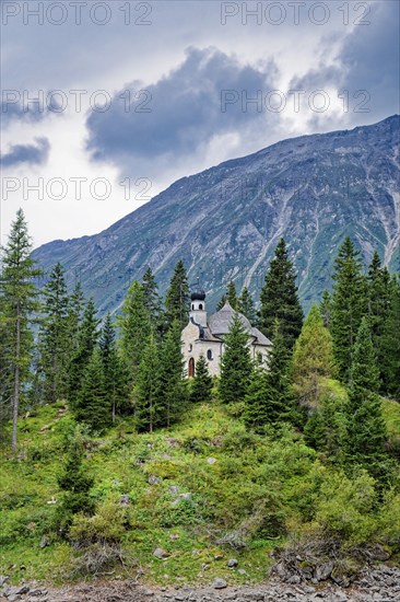 Lake chapel Maria am See, Obernberger See, mountain lake, landscape of the Stubai Alps, weather mood, Obernberg am Brenner, Tyrol, Austria, Europe