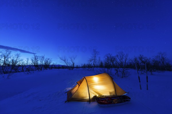 Tent in mountain landscape, Sarek National Park, World Heritage Laponia, Norrbotten, Lapland, Sweden, man, Scandinavia, Europe