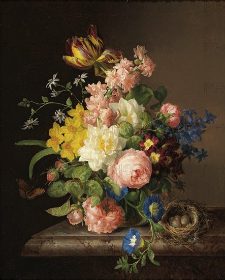 Bouquet of flowers with bird's nest and butterfly, painting by Josef Lauer (1818, 1881), Austrian still life painter who was active in the Biedermeier period, among others