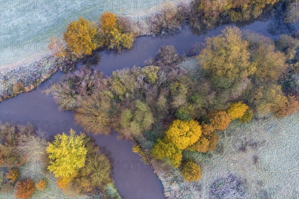 Aerial view of the Hunte in autumn, Meander, Hunte loop, Hunte, river, tree, forest, autumn colours, Huntepadd, Dötlingen, Lower Saxony, Germany, Europe