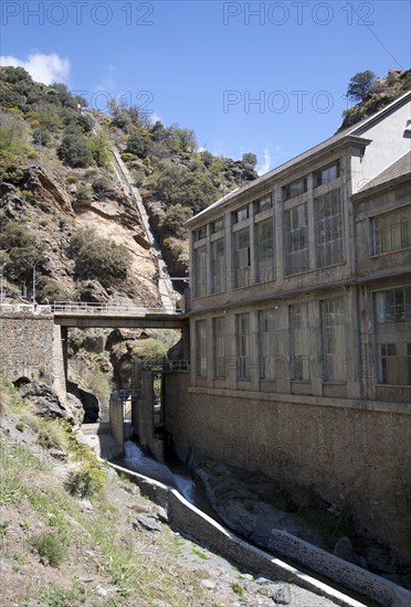 HEP electricity generation River Rio Poqueira gorge valley, High Alpujarras, Sierra Nevada, Granada Province, Spain, Europe