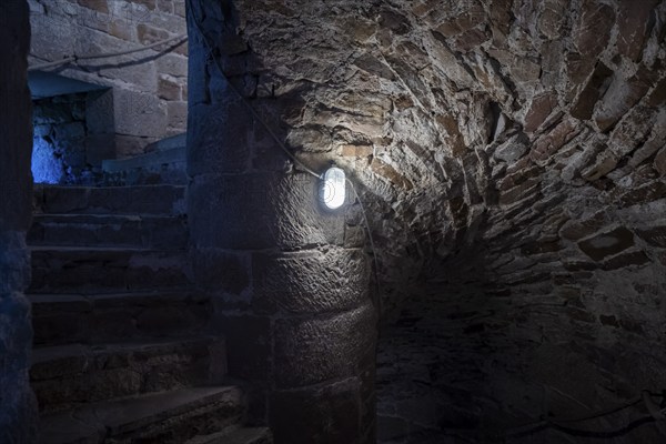 The Lippoldsberg Monastery with the Church of St George and St Mary is a former Benedictine monastery that was the origin of the village of Lippoldsberg on the Weser in northern Hesse. Tower stairs, Lippoldsberg, Lippoldsberg, Hesse, Germany, Europe