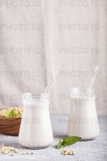 Organic non dairy soy milk in glass and wooden plate with soybeans on a gray concrete background. Vegan healthy food concept, close up, side view, copy space