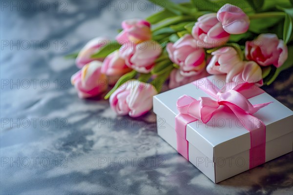 Gift Box with Pink Ribbon Beside bouquet of Fresh Tulips. Background for Valentine day, March 8, mother day, spring holidays, birthday, AI generated