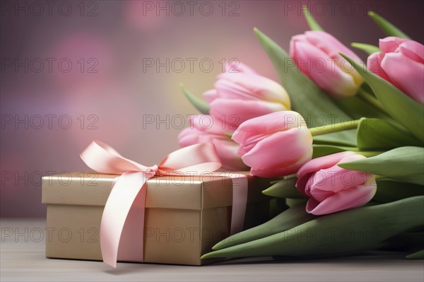 Gift Box with Pink Ribbon Beside bouquet of Fresh Tulips on Bokeh Background. Good for Valentine day, March 8, mother day, spring holidays, birthday designs, AI generated