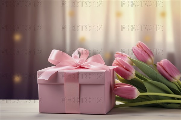 Gift Box with Pink Ribbon Beside bouquet of Fresh Tulips on Bokeh Background. Good for Valentine day, March 8, mother day, spring holidays, birthday designs, AI generated