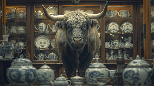 Very large bull with horns in a China shop filled with glassware. generative AI, AI generated