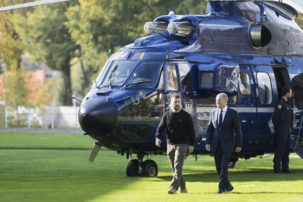 Volodymyr Zelensky (President of Ukraine) is received by Olaf Scholz (Chancellor of the Federal Republic of Germany) after his arrival by helicopter in front of the Federal Chancellery, 11 October 2024