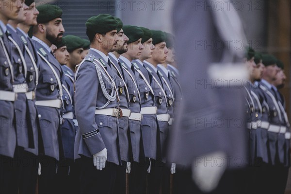 Soldiers from the Bundeswehr Guard Battalion, photographed during a reception with military honours in the courtyard of the Federal Chancellery in Berlin, 13.03.2024