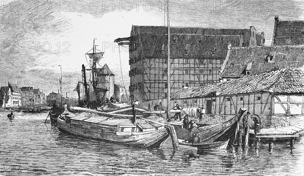 Warehouse island, Gdansk or Gdansk, Baltic Sea, Poland, warehouse, crane, half-timbered buildings, harbour, ships, river, transport, trade, economy, cargo, historical illustration 1880, Europe