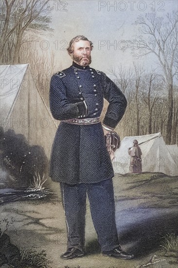 George Henry Thomas (born 31 July 1816 in Newsoms, Virginia, USA, died 28 March 1870 in San Francisco, California) was a professional soldier and Major General in the US Army. After a painting by Thomas Nast (1840-1902), Historical, digitally restored reproduction from a 19th century original, Record date not stated, North America