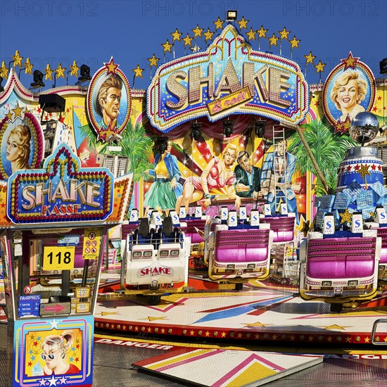 Empty fairground shop Shake under a blue sky in the morning, Cranger Kirmes, Herne, Ruhr area, North Rhine-Westphalia, Germany, Europe