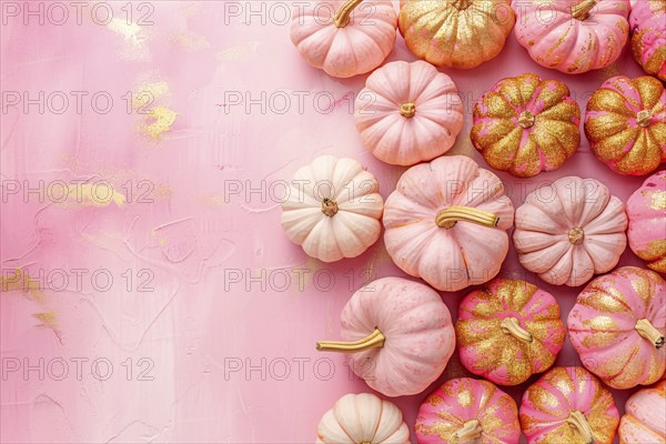 Top view of pink and golden pumpkins on side of pastel pink background with copy space. Generative Ai, AI generated