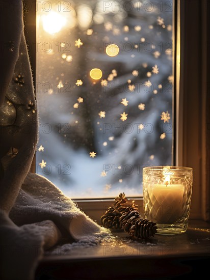 Snow-covered window with frost patterns, candlelight softly glowing through the glass, and warm, blurry Christmas lights in the background, AI generated