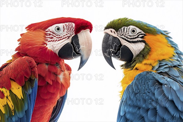 Red and blue Macaw parrot birds on white background. Generative Ai, AI generated