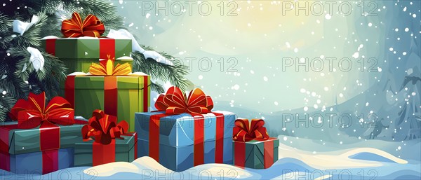 Abstract illustration of wrapped Christmas gifts, shiny ribbons and bows, stacked under a snow-dusted evergreen tree in a snowy outdoor setting, AI generated