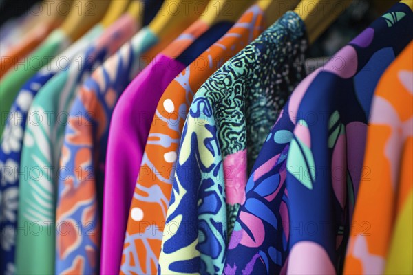 Colrful clothing with bright and bold patterns hanging on clothing rail. Generative ai, AI generated