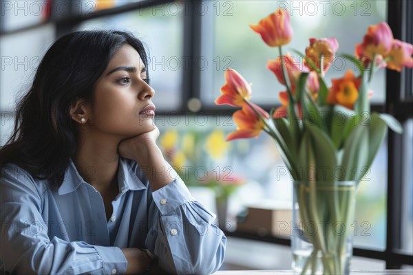 A businesswoman sits dreamily and thoughtfully at a table, next to a vase of flowers with tulips and daffodils, a symbolic image for springtime fatigue, AI generated, AI generated, ai generated, AI generated