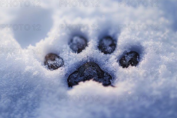 Close up of dog's paw print in snow. Generative Ai, AI generated