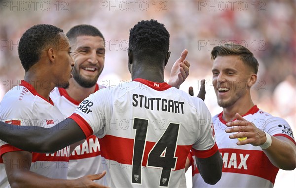 Goal celebration Silas Katompa Mvumpa VfB Stuttgart (14) (centre) Jamie Leweling VfB Stuttgart (18) (left) Jeff Chabot VfB Stuttgart (24), Ermedin Demirovic VfB Stuttgart (09) (right) MHPArena, MHP Arena Stuttgart, Baden-Württemberg, Germany, Europe