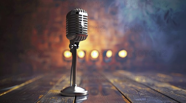 Microphone retro style, entertainment or rock concert. Concept of unique and lonely voice, AI generated