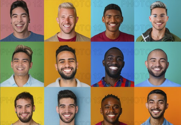 Diverse group of men posing for portraits. Multiple portraits with colored backgrounds, AI generated