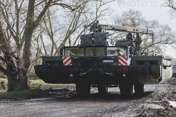 Amphibious vehicles of the type Amphibie M3 of the Bundeswehr taken during the military exercise 'Wettiner Schwert' near Tangermünde, 26.03.2024. 'Wettiner Schwert' is part of the Quadriga exercise of the Bundeswehr and the NATO large-scale manoeuvre Steadtfast Defender 2024