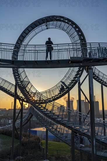 Landmark Angerpark Tiger & Turtle, Magic Mountain, walk-in sculpture in the form of a rollercoaster on the Heinrich-Hildebrand-Höhe spoil tip, HKM steelworks, sunset, Duisburg, North Rhine-Westphalia, Germany, Europe