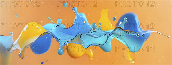 Abstract wallpaper with colorful turquoise and yellow blobs and liquid shapes on a orange background, AI generated