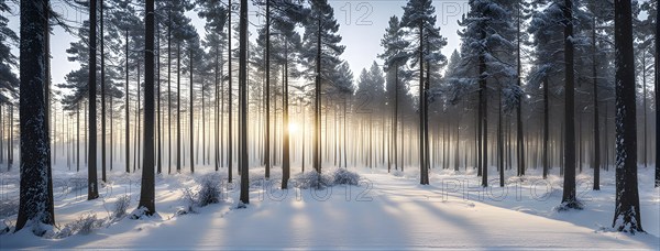 Peaceful snowy forest clearing at dawn with snow softly blanketing the ground and frost-covered pine trees, AI generated