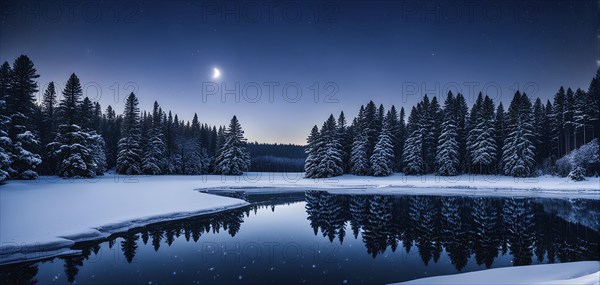 Tranquil winter night scene with a crescent moon and stars shining brightly over a frozen lake, with a line of snow-covered pine trees reflected in the lake, AI generated