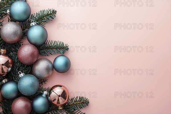 Christmas flatlay with blue and pink colored tree baubles and fir branches on pink background with copy space. Generative Ai, AI generated