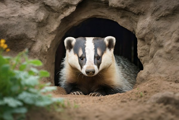 Animal portrait, European badger (Meles meles) sticks its head out of its cave, AI generated, AI generated