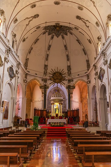 Nave and chancel of the Cathedral of Santa Maria de la neu, in the old town of Eivissa, Ibiza Town, Ibiza, Balearic Islands, Mediterranean, Spain, Europe