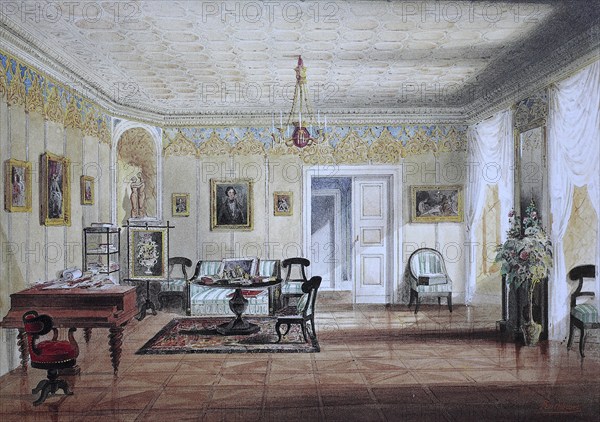 Historic, digitally restored reproduction from a 19th century original, Record date not stated, Living room of Queen Victoria, Rosenau Castle, 1845, Coburg, Upper Franconia, Bavaria, Germany, Europe