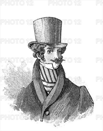 Hat and beard fashion for men in England in 1825, historical, digital reproduction of an original 19th century model